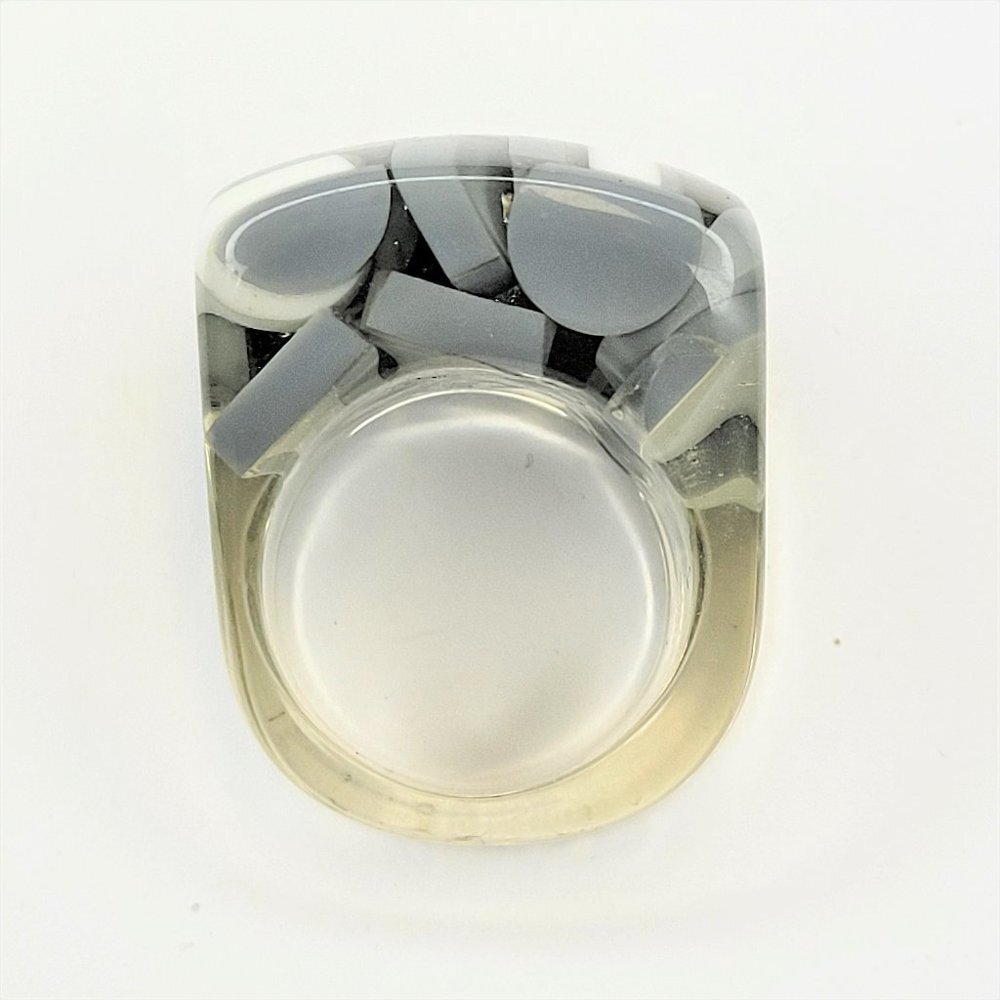 Chunky Square Resin Lucite Ring With Grey And White Pill Beads See Through Ring